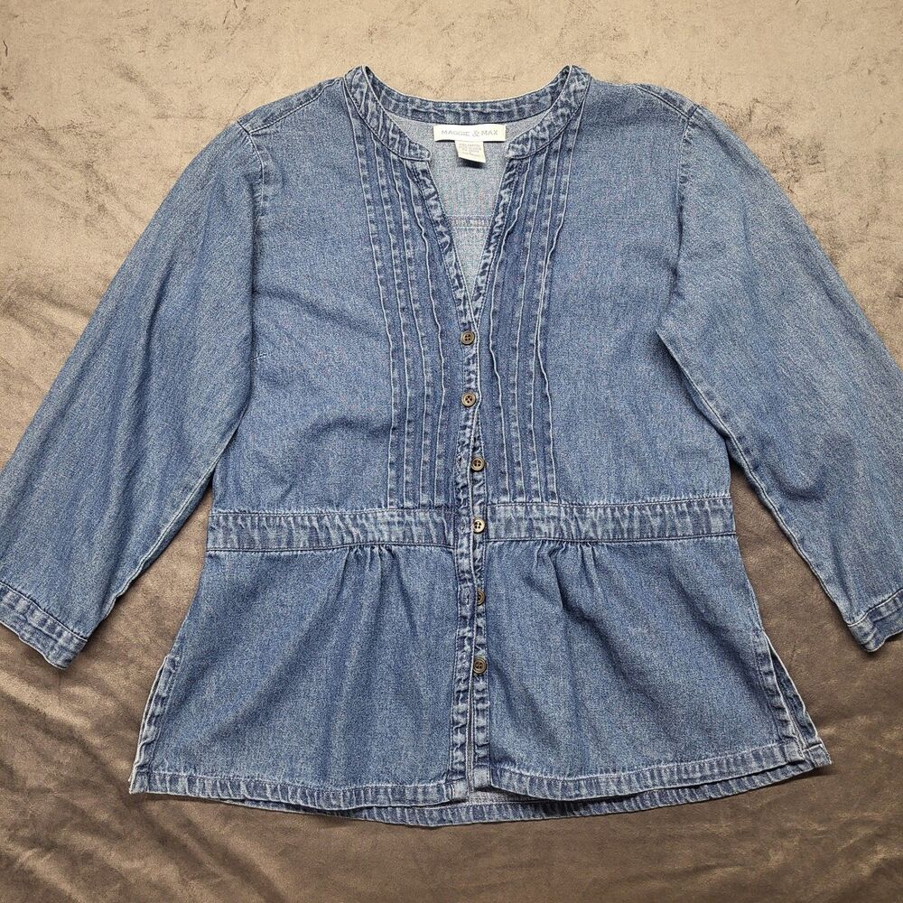 VTG Maggie & Max Blue Denim Button up Shirt LG 3/4 Sleeve Fitted Waist